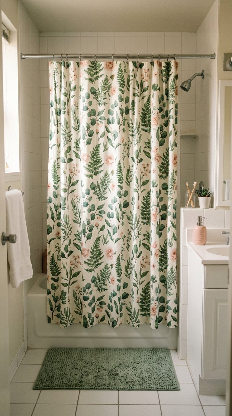 a Green Printed Shower Curtain for Bathrooms