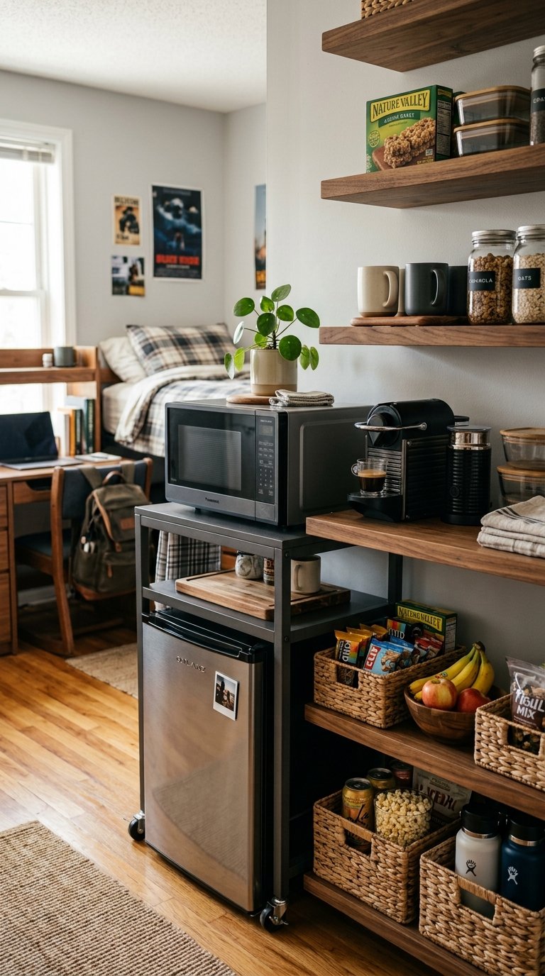 a Mini Fridge and Microwave Station