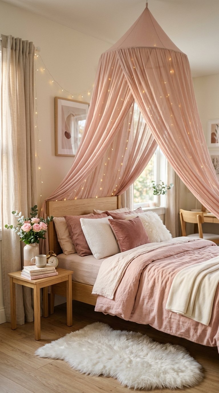 a Pink Fabric Canopy Over the Bed