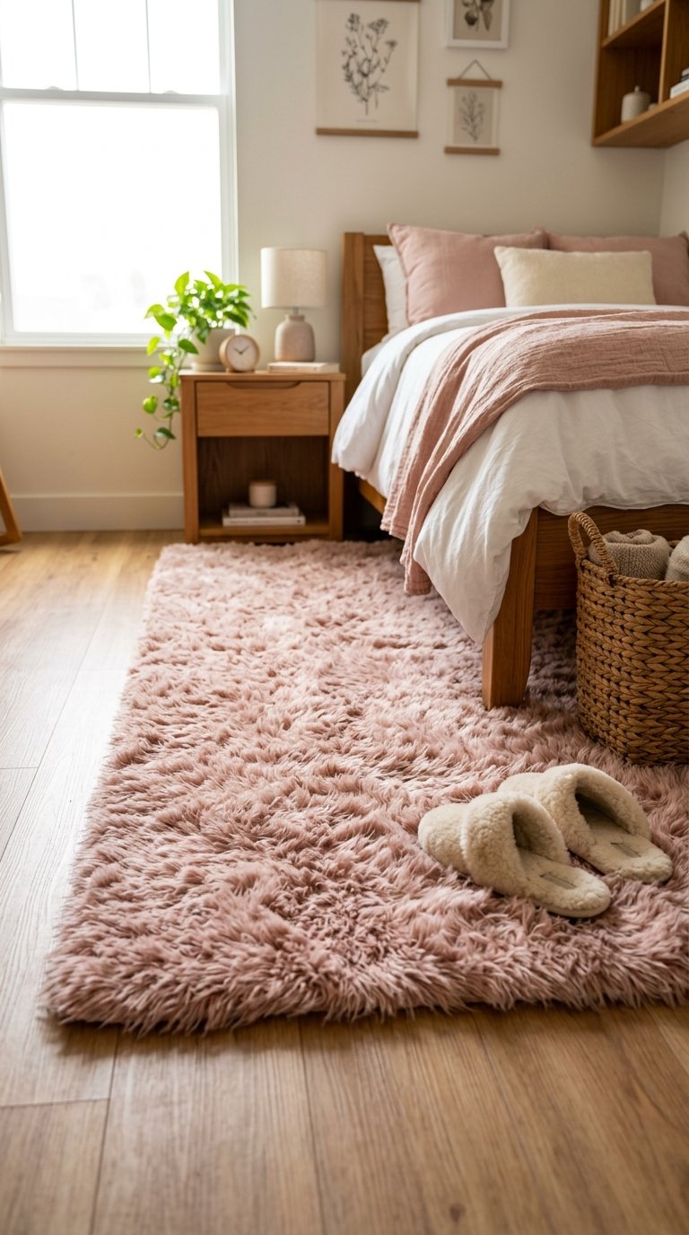 a Pink Faux Fur Rug Beside the Bed