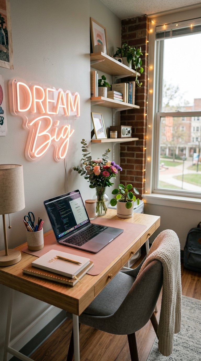 a Pink LED Neon Sign Above the Desk