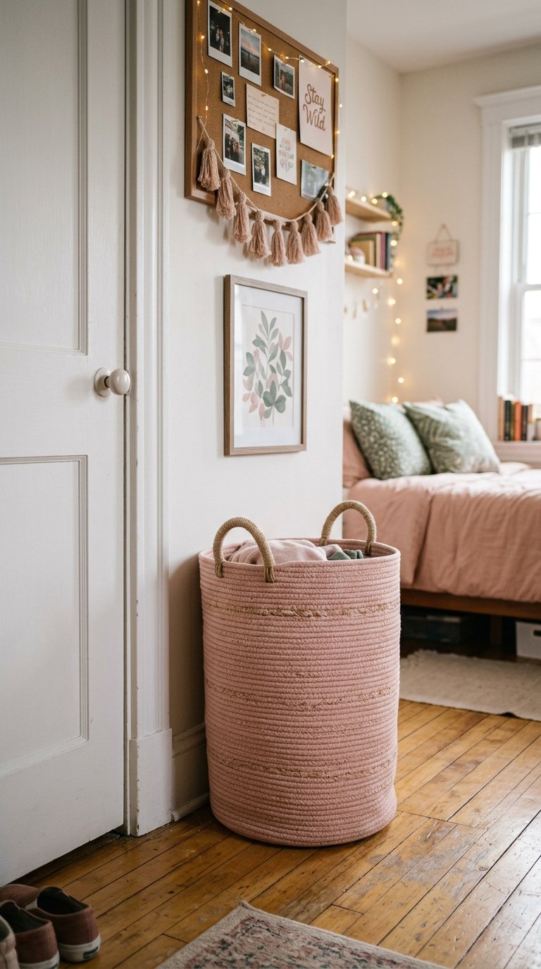 a Pink Laundry Hamper as a Color Accent