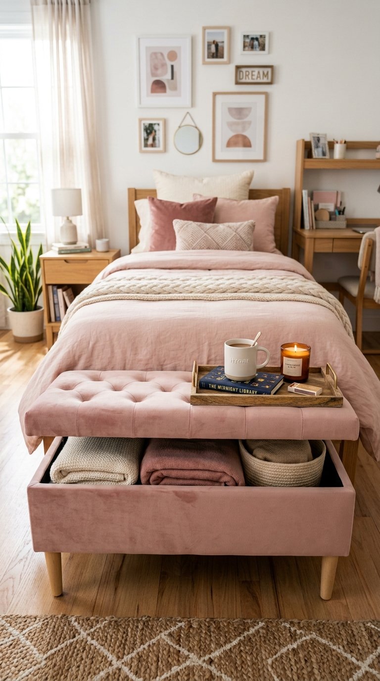 a Pink Storage Ottoman as Extra Seating
