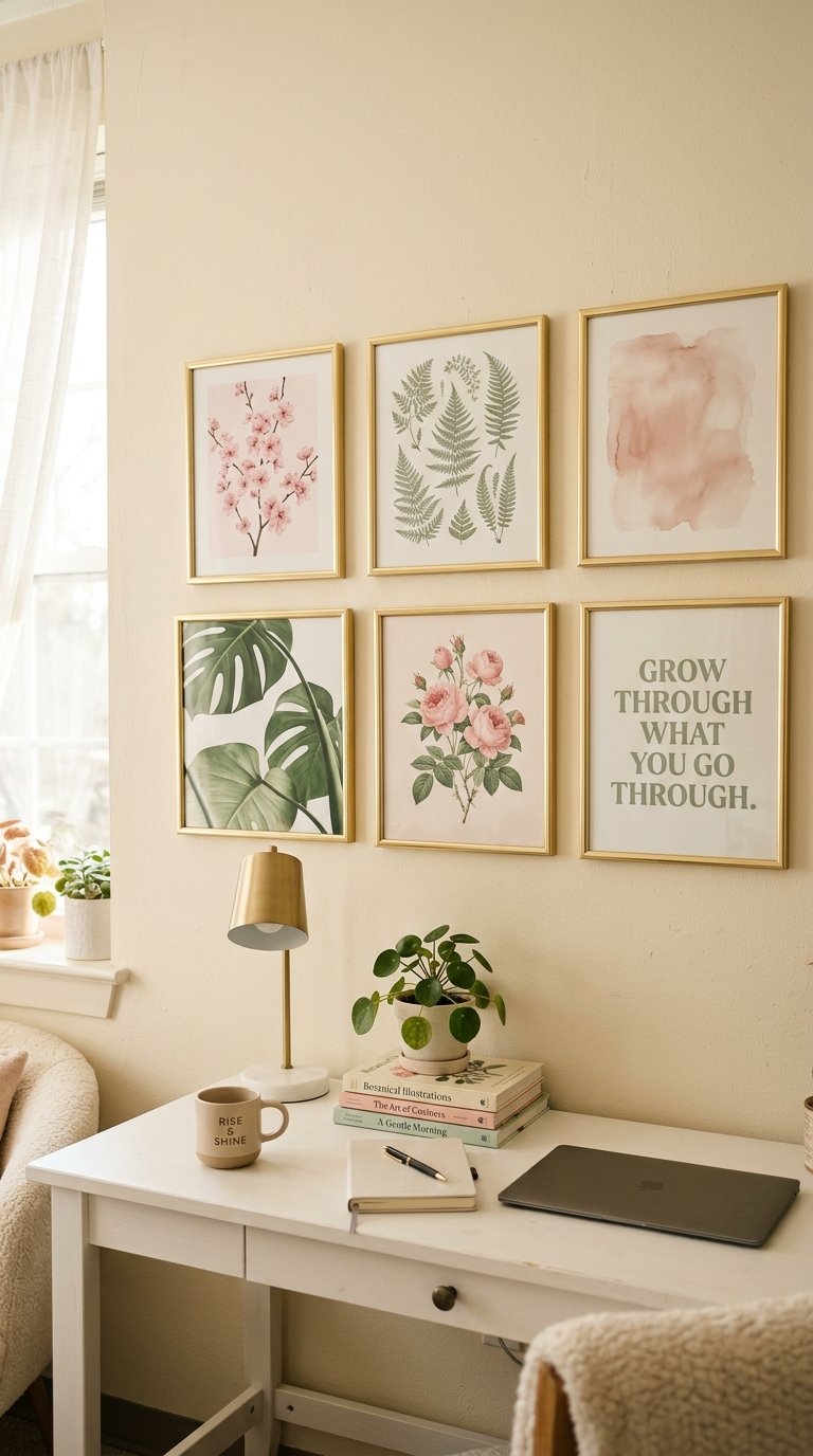 a Pink and Green Gallery Wall Above the Desk