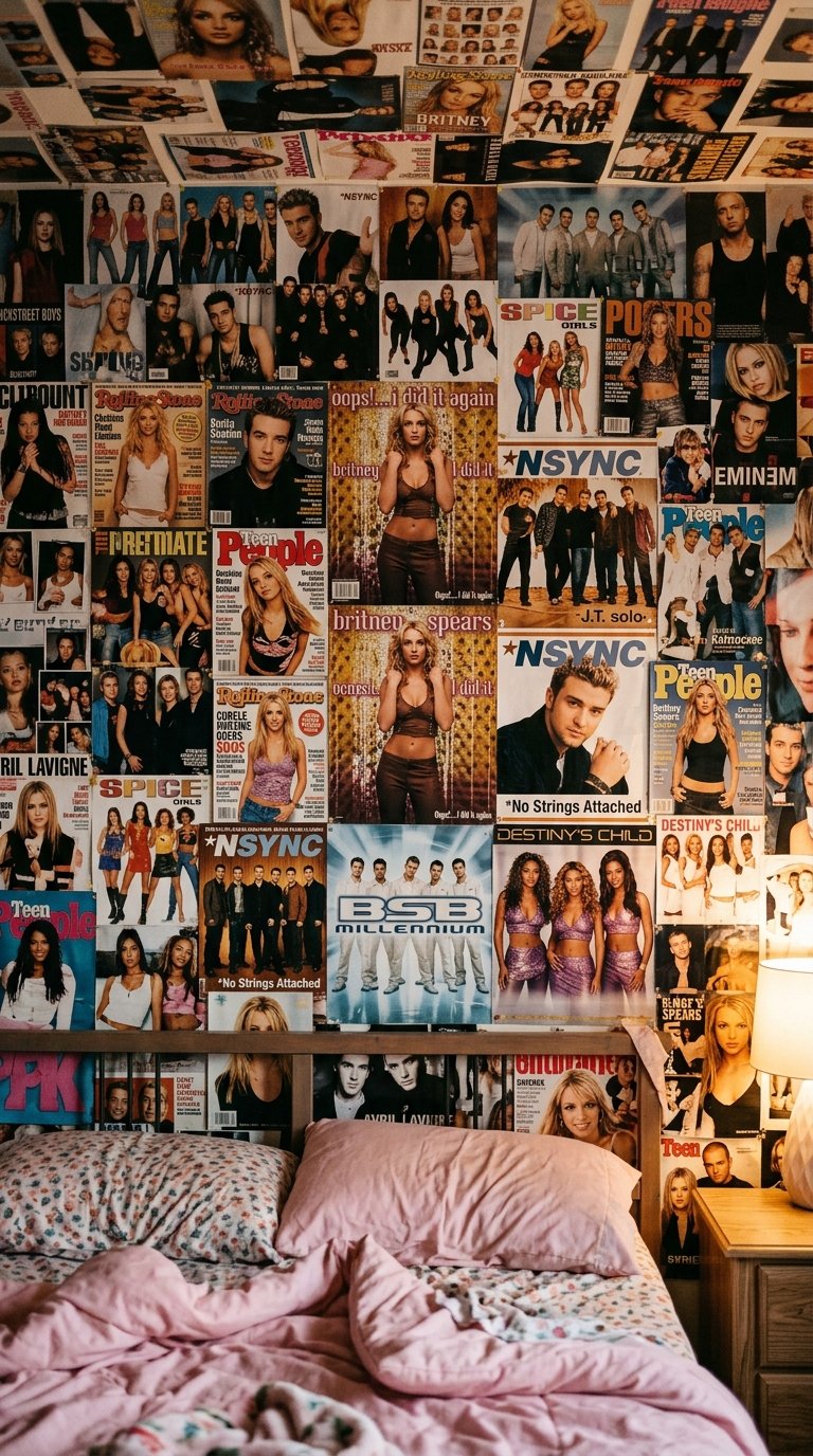 a Pop Star Poster Gallery Above the Bed