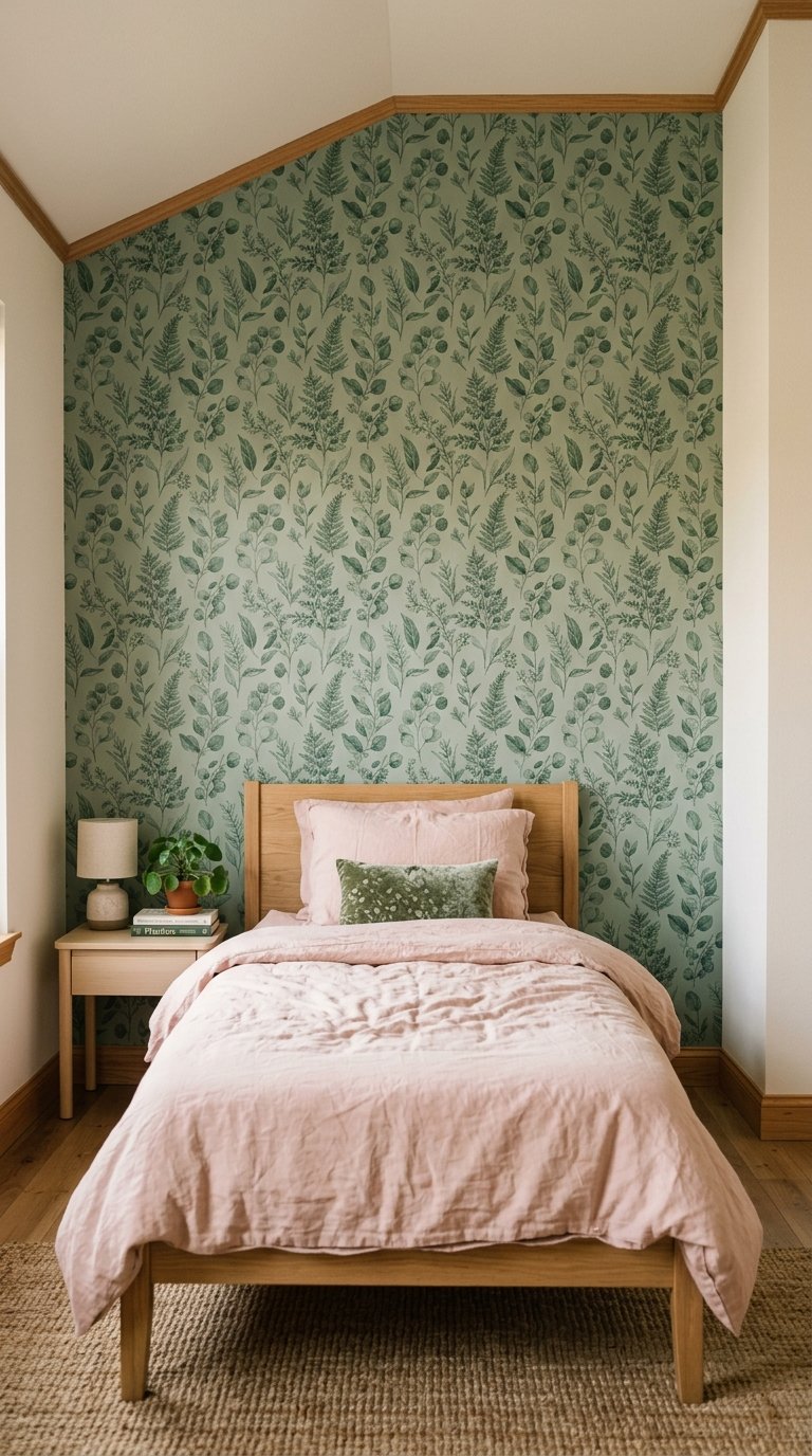 a Sage Green Accent Wall Using Removable Wallpaper
