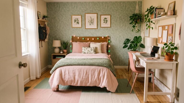 pink and green dorm room