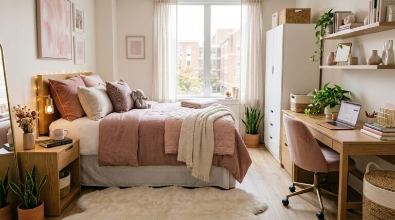 pink dorm room